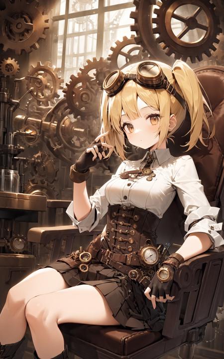 20213-1-1girl, scientist, sitting, chair, blonde hair, twintails, short hair, steampunk, cowboy shot, indoors, fingerless gloves, goggle.png
